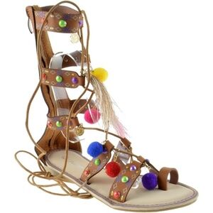 Link Festive 22 Girls Flat Caged Pom Bobo Charm Decorated Gladiator Flat Sandal